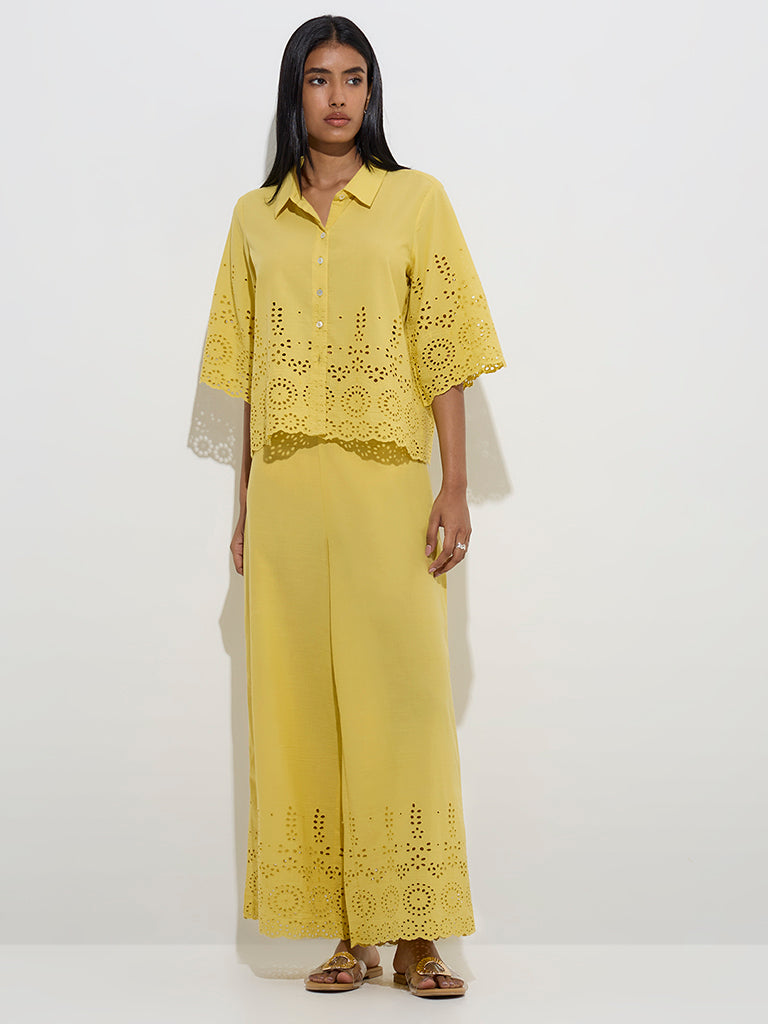 Utsa Yellow Schiffli Detailed Cotton Ethnic Shirt
