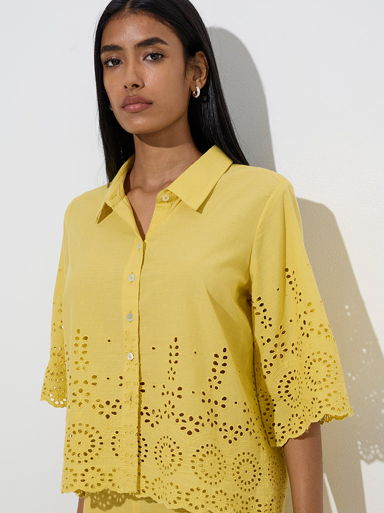 Utsa Yellow Schiffli Detailed Cotton Ethnic Shirt