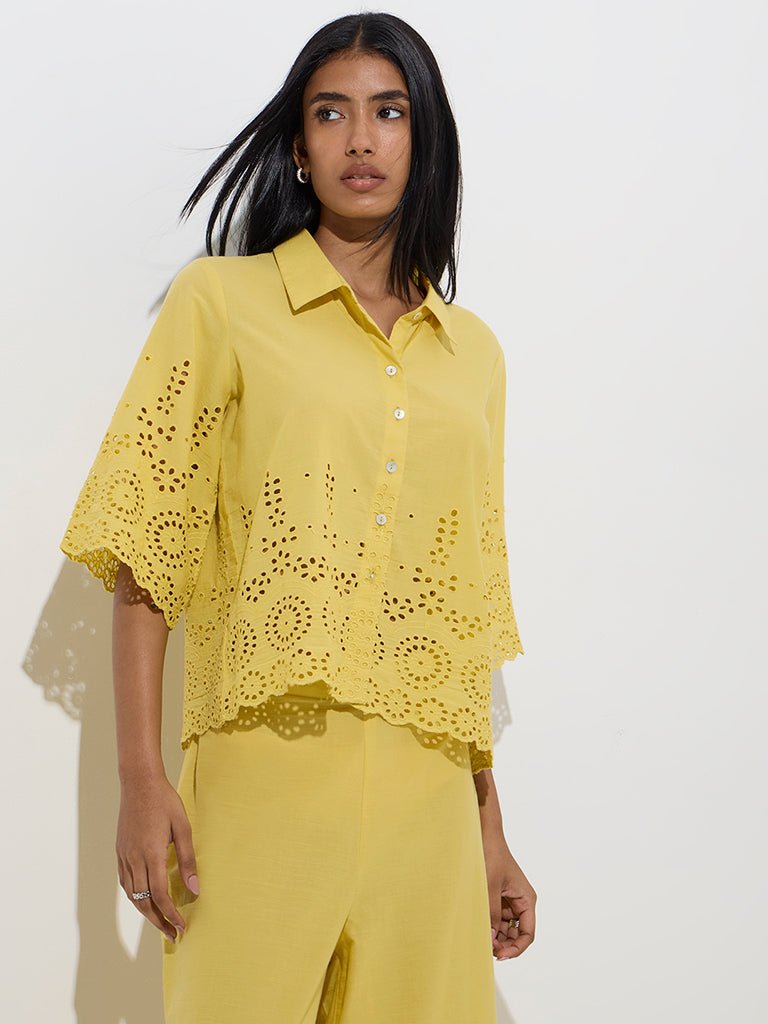 Utsa Yellow Schiffli Detailed Cotton Ethnic Shirt