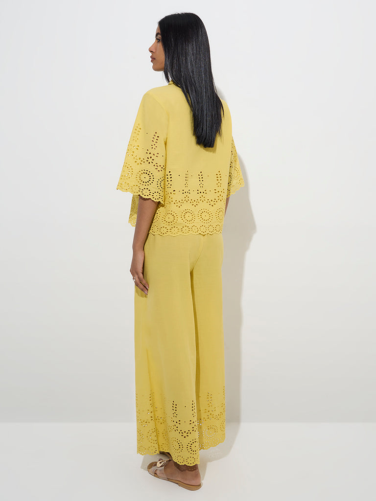 Utsa Yellow Schiffli Detailed Cotton Ethnic Shirt