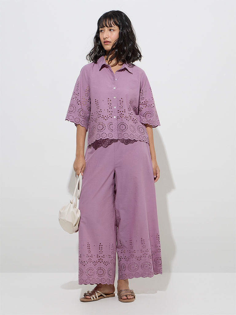 Utsa Purple Schiffli Detailed Cotton Shirt