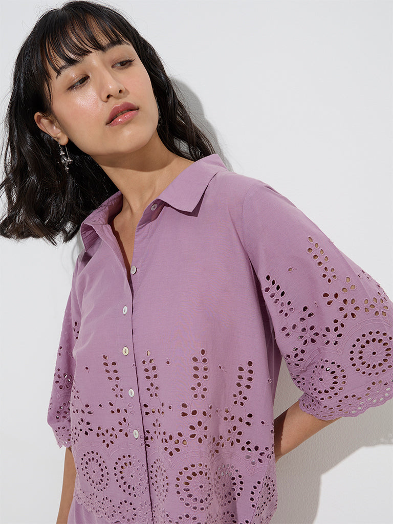 Utsa Purple Schiffli Detailed Cotton Shirt