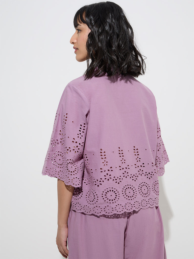 Utsa Purple Schiffli Detailed Cotton Shirt