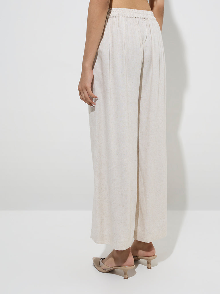 Zuba Beige Silk-Blend Ethnic Palazzos