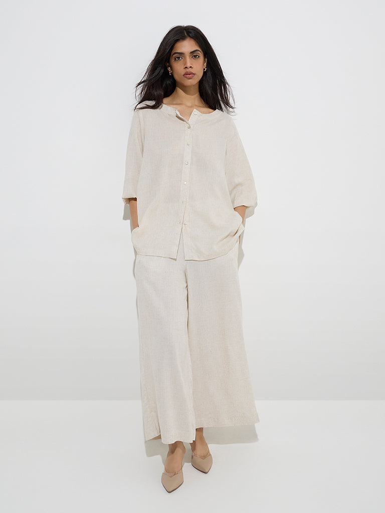 Zuba Beige Crochet-Detailed Linen-Blend Ethnic Shirt