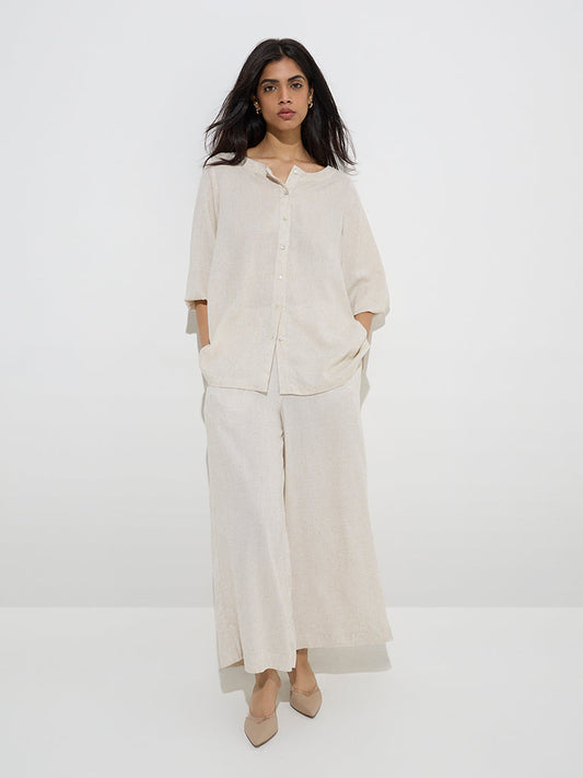 Zuba Beige Crochet-Detailed Linen-Blend Ethnic Shirt