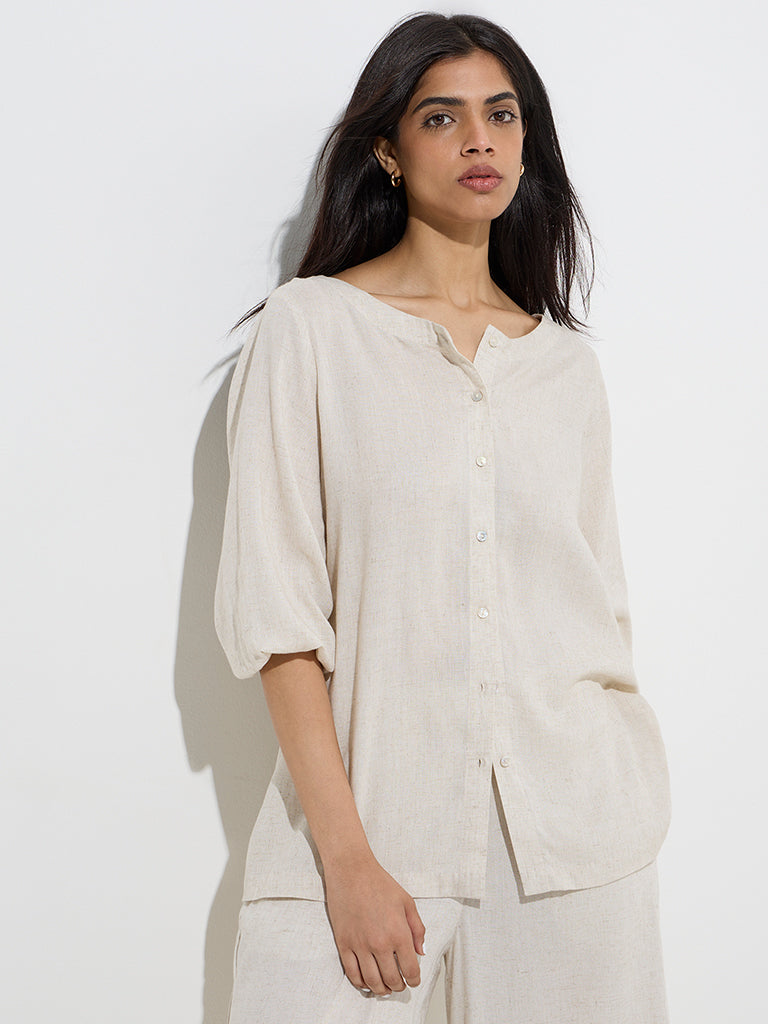 Zuba Beige Crochet-Detailed Linen-Blend Ethnic Shirt