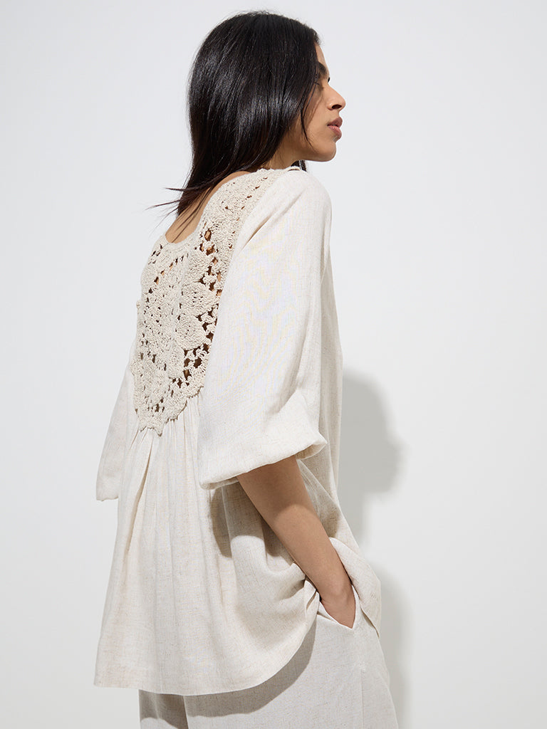 Zuba Beige Crochet-Detailed Linen-Blend Ethnic Shirt