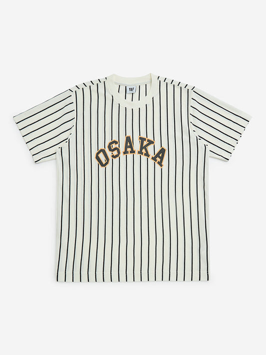 Y&F Kids Off-White Stripe Pattern Cotton-Blend T-Shirt
