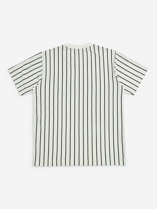 Y&F Kids Off-White Stripe Pattern Cotton-Blend T-Shirt