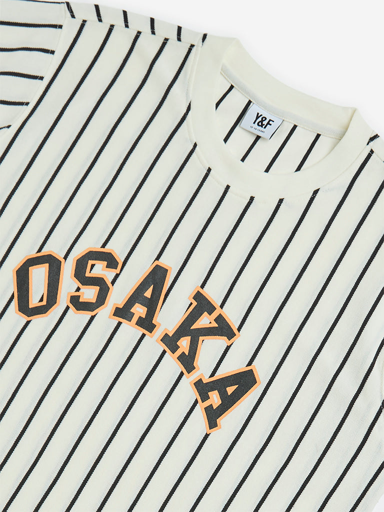 Y&F Kids Off-White Stripe Pattern Cotton-Blend T-Shirt