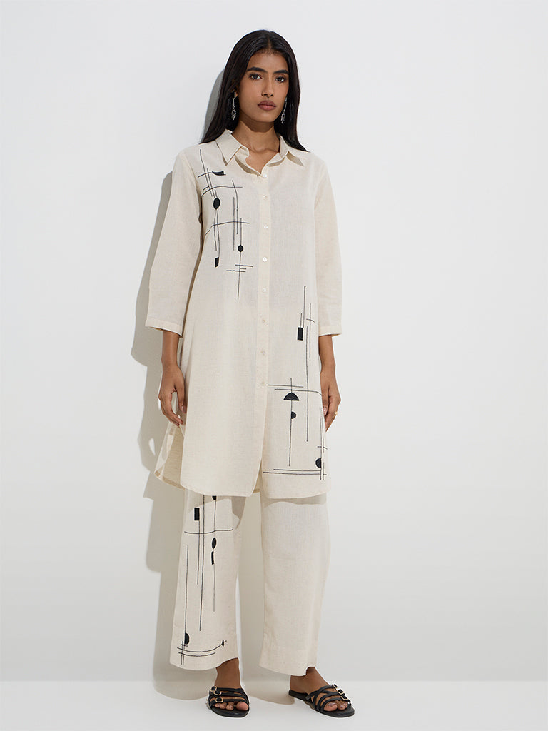 Utsa Off-White Embroidered Cotton-Blend A-Line Kurta