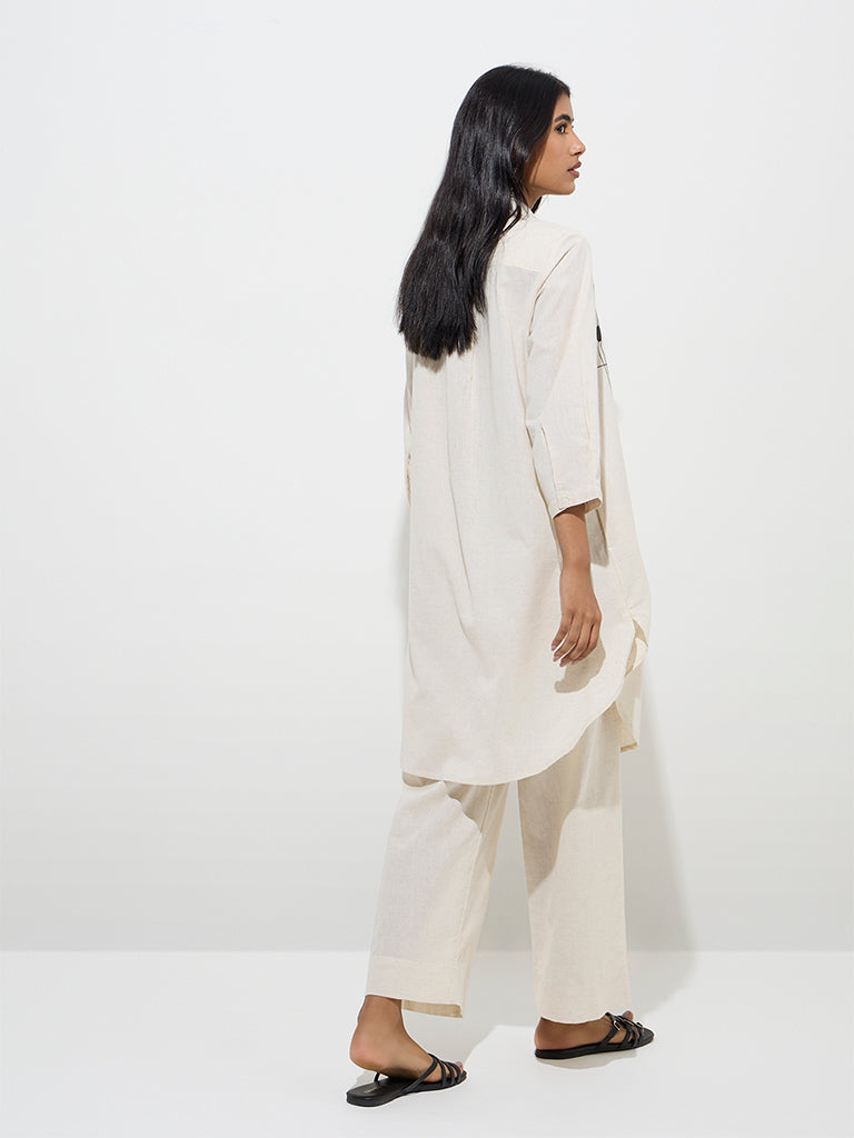 Utsa Off-White Embroidered Cotton-Blend A-Line Kurta