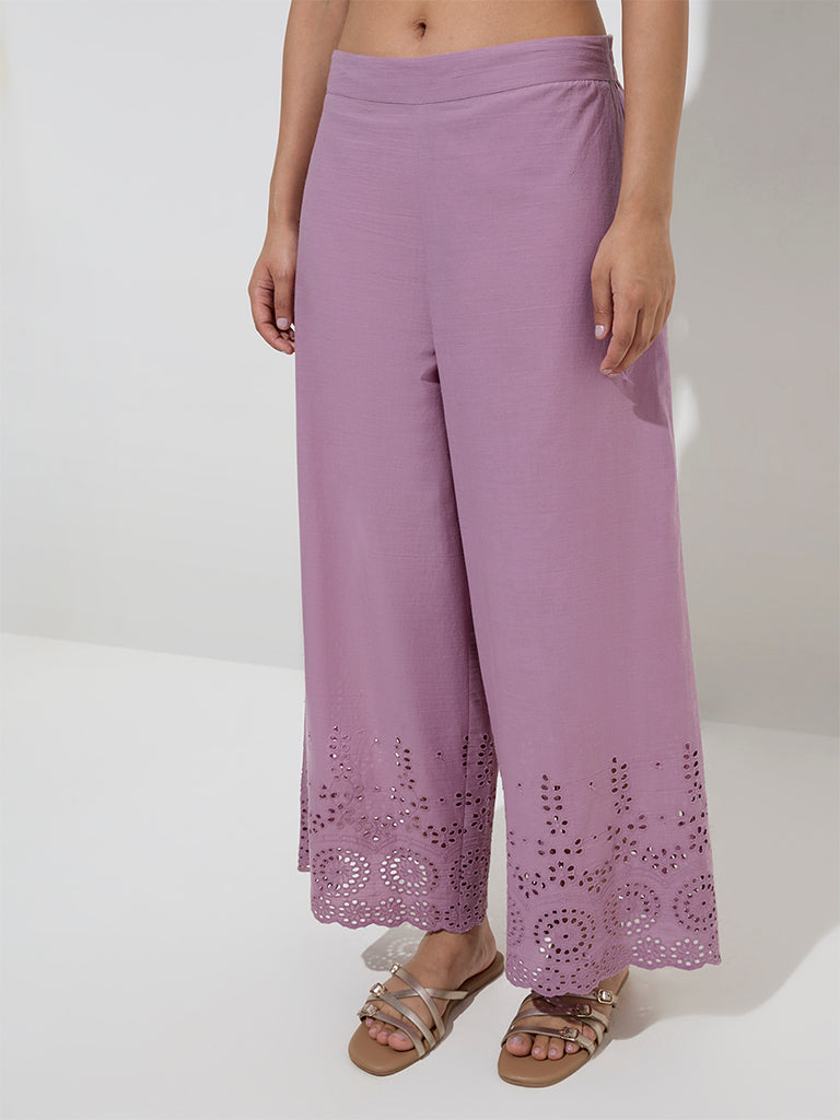 Utsa Purple Schiffli Detailed Cotton Ethnic Pants