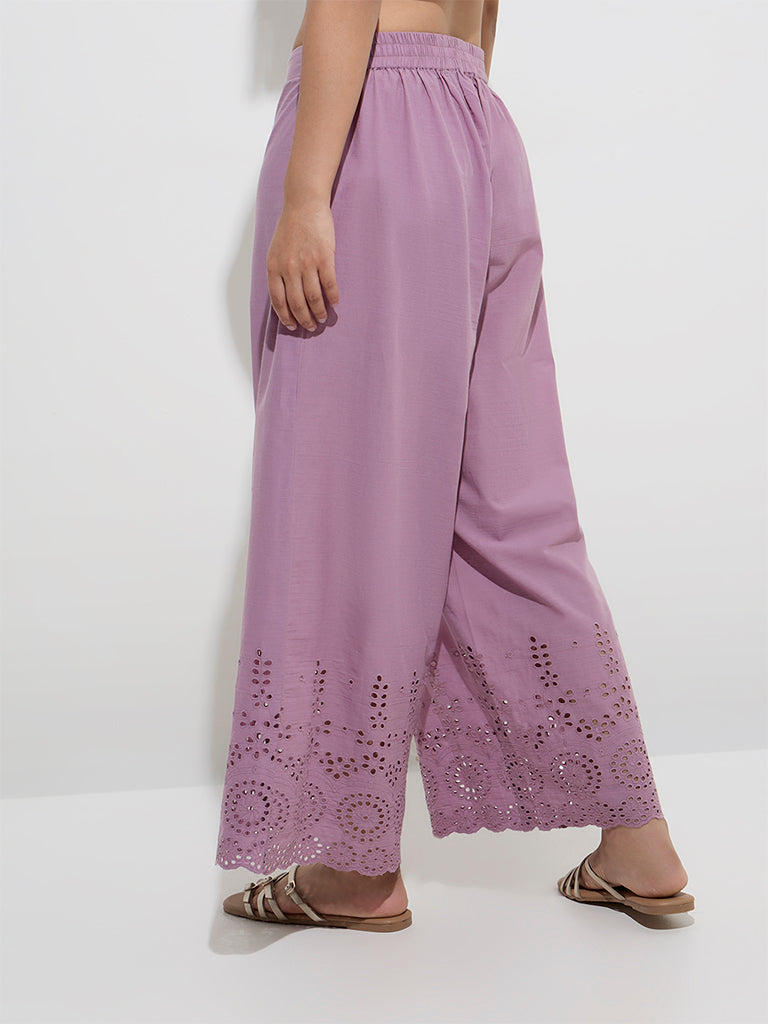 Utsa Purple Schiffli Detailed Cotton Ethnic Pants