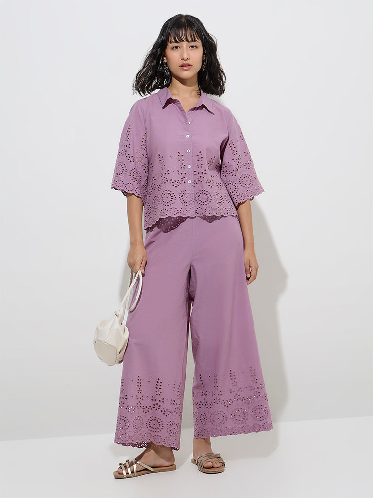 Utsa Purple Schiffli Detailed Cotton Ethnic Pants
