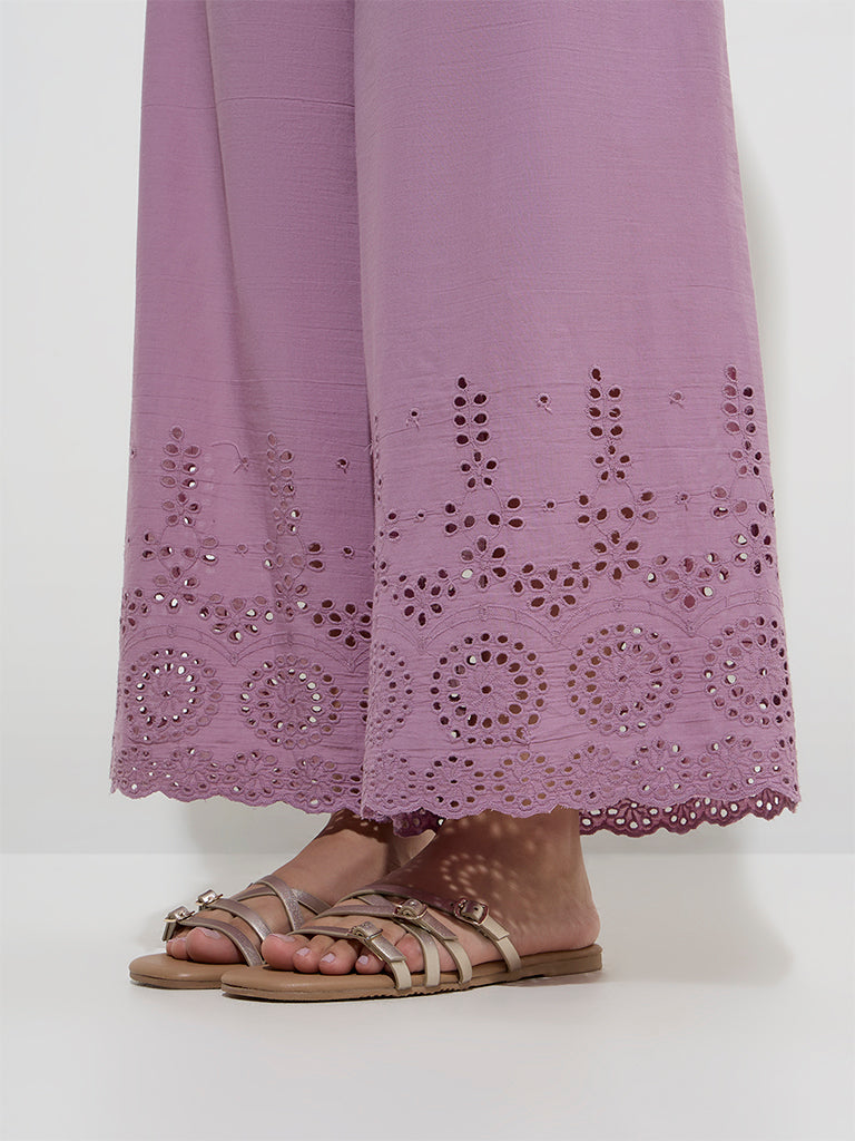 Utsa Purple Schiffli Detailed Cotton Ethnic Pants