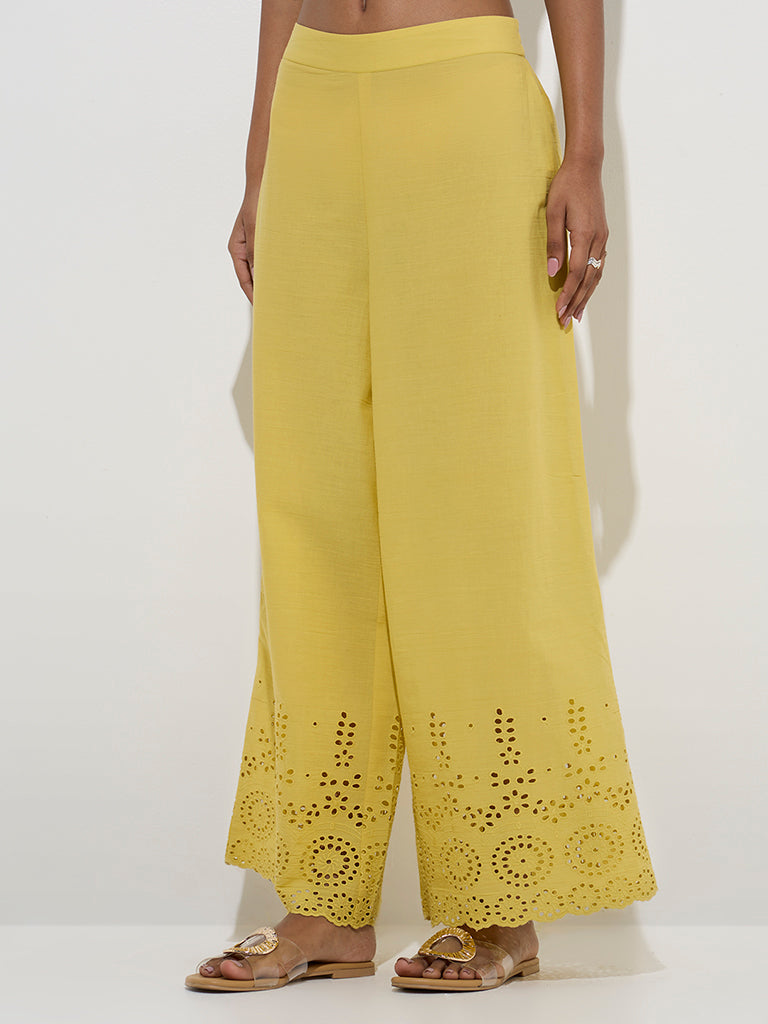 Utsa Yellow Schiffli Detailed Cotton Palazzos