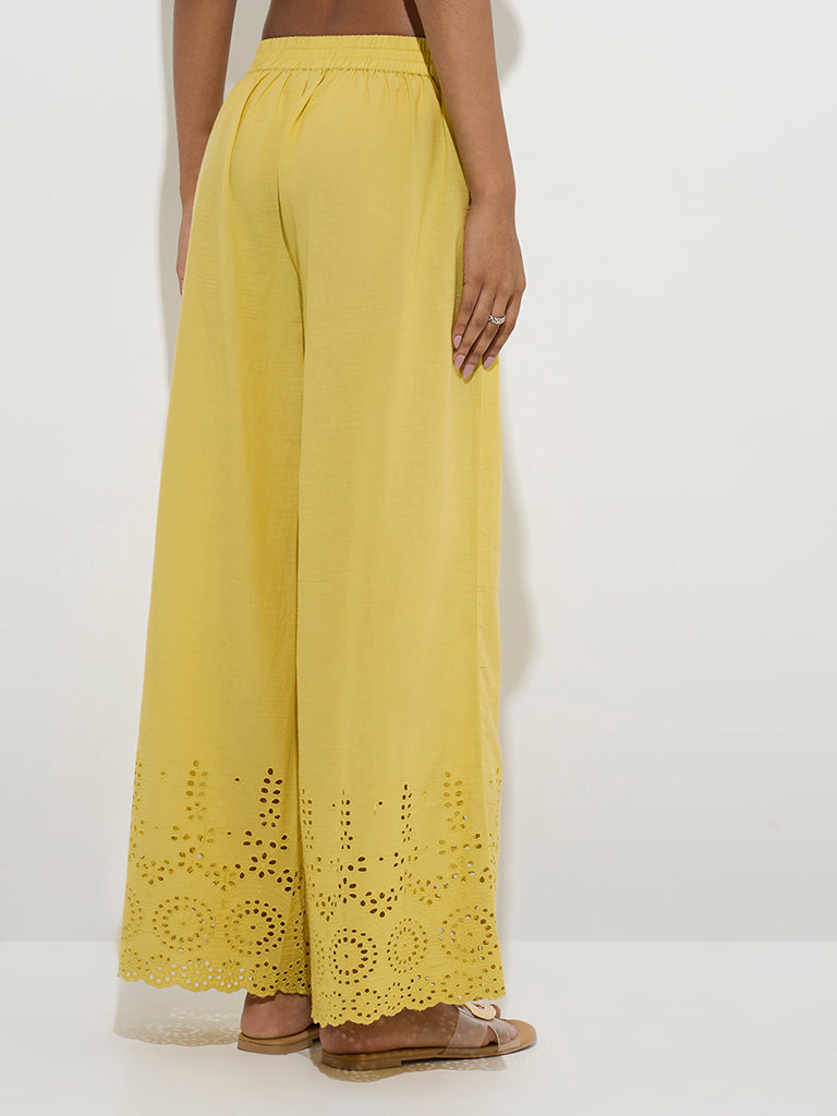 Utsa Yellow Schiffli Detailed Cotton Palazzos