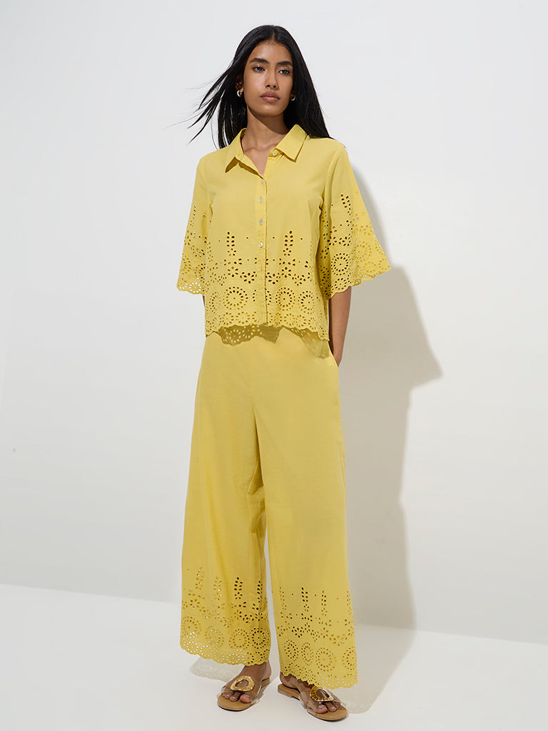 Utsa Yellow Schiffli Detailed Cotton Palazzos