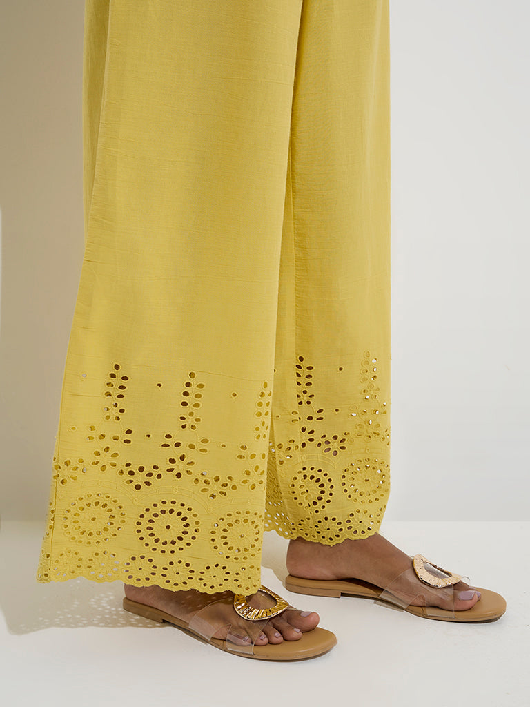 Utsa Yellow Schiffli Detailed Cotton Palazzos