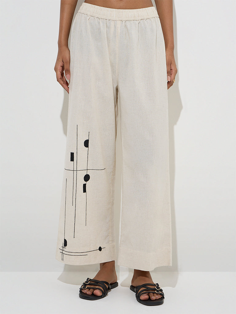 Utsa Off-White Embroidered Cotton-Blend Ethnic Pants