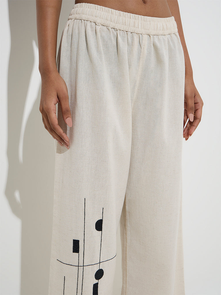 Utsa Off-White Embroidered Cotton-Blend Ethnic Pants