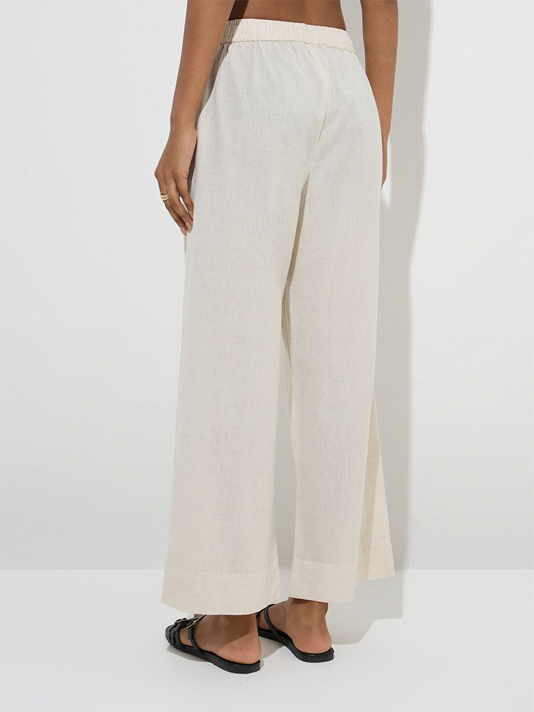 Utsa Off-White Embroidered Cotton-Blend Ethnic Pants
