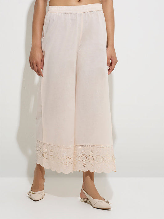 Zuba Beige Schiffli Detailed Cotton Palazzos