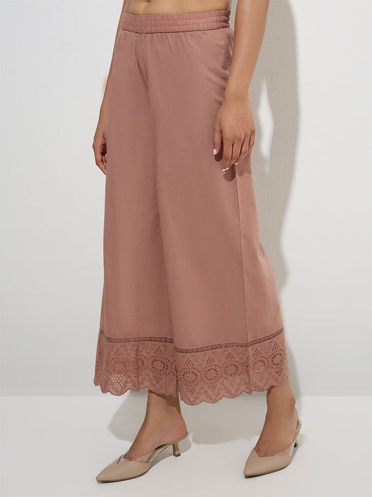 Zuba Dusty Pink Schiffli Detailed Cotton Palazzos