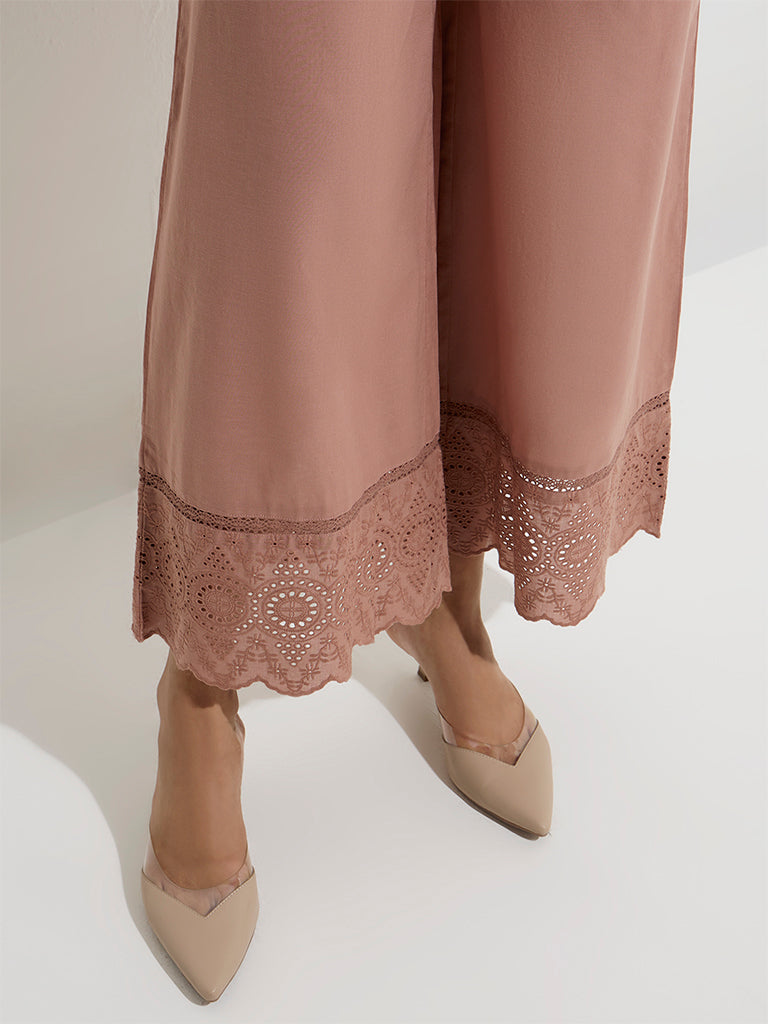 Zuba Dusty Pink Schiffli Detailed Cotton Palazzos