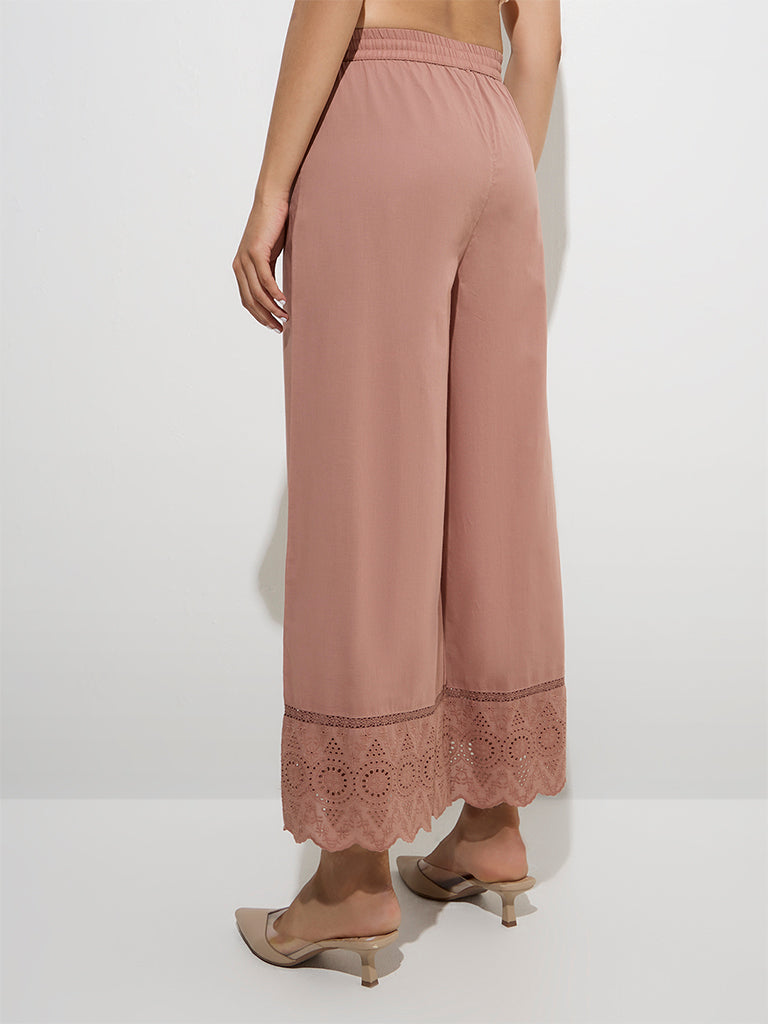 Zuba Dusty Pink Schiffli Detailed Cotton Palazzos
