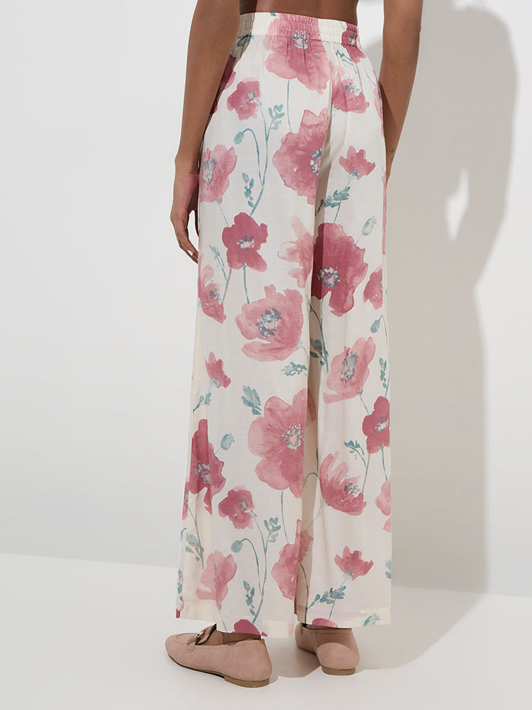 Zuba Dusty Pink Floral Design Cotton-Blend Palazzos