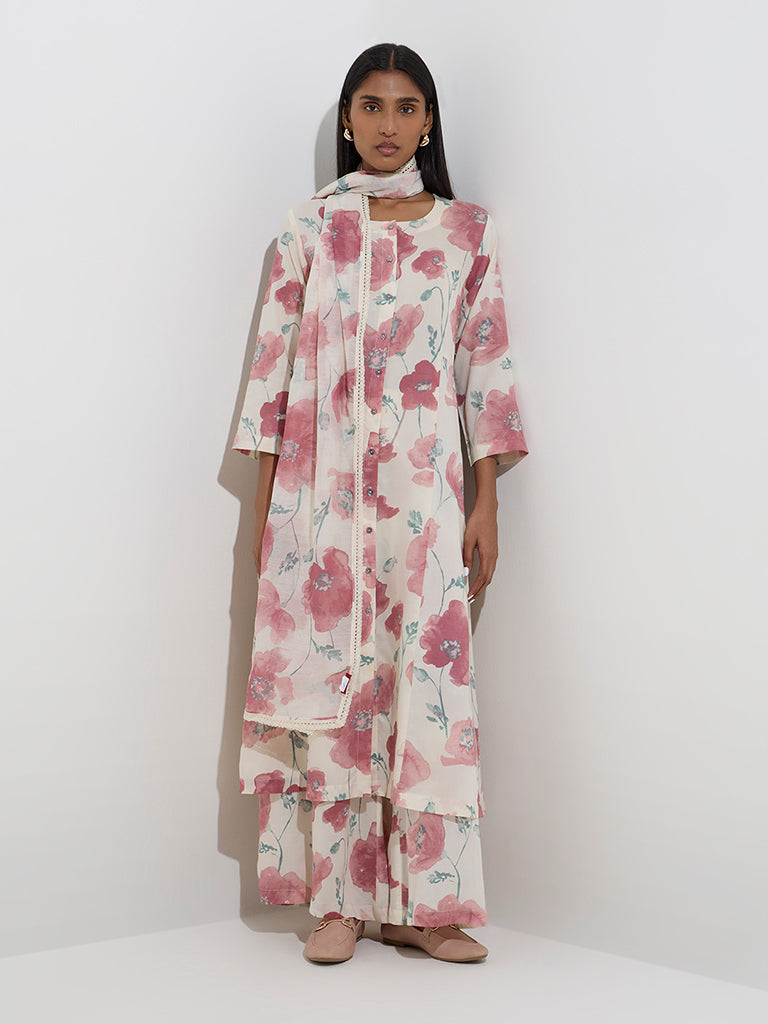 Zuba Dusty Pink Floral Design Cotton-Blend Palazzos