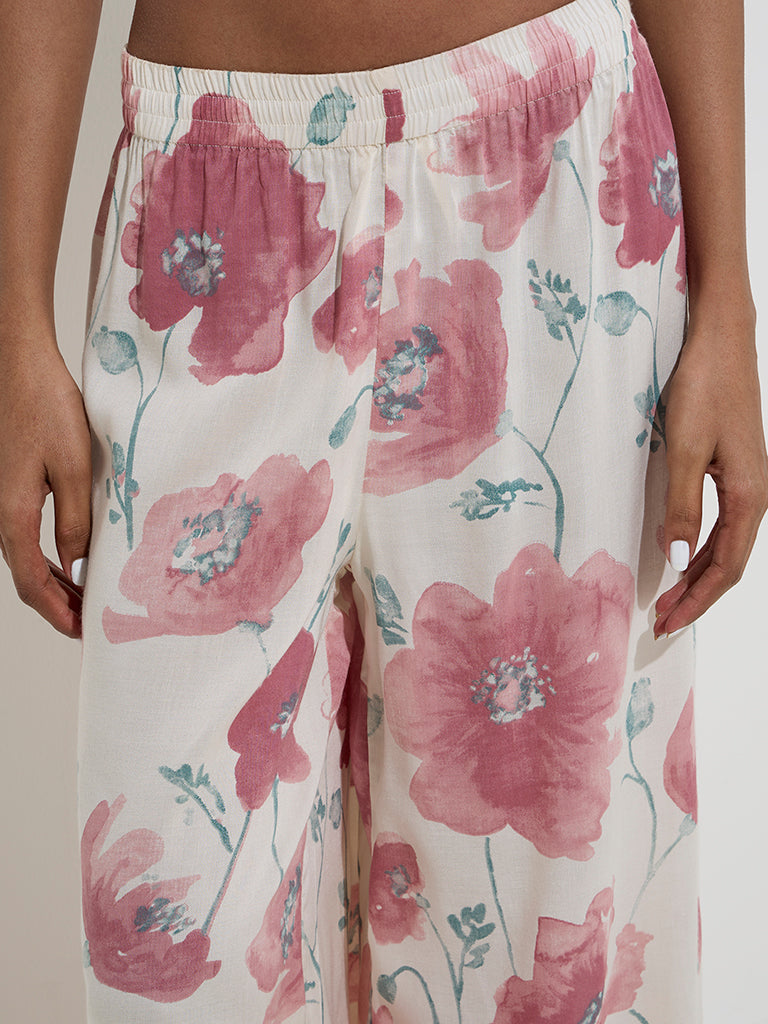 Zuba Dusty Pink Floral Design Cotton-Blend Palazzos