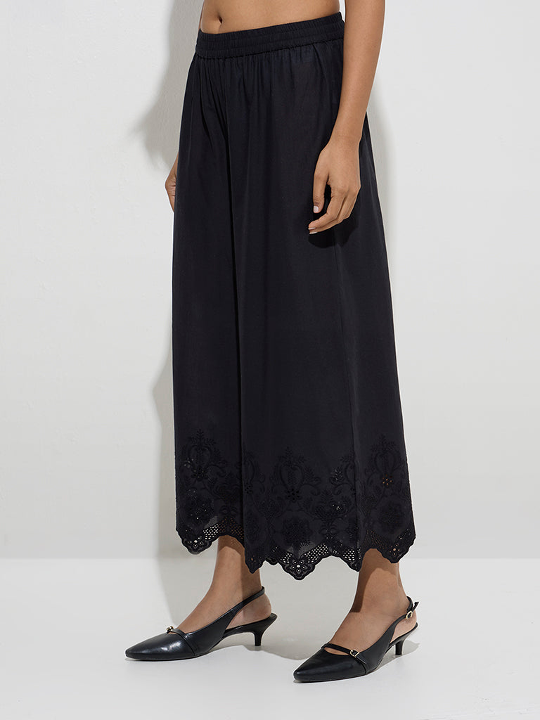Zuba Black Floral Embroidered Cotton Palazzos