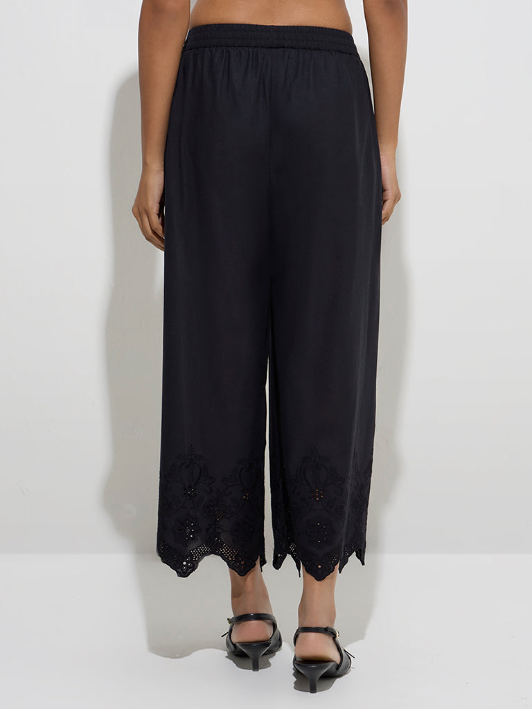 Zuba Black Floral Embroidered Cotton Palazzos