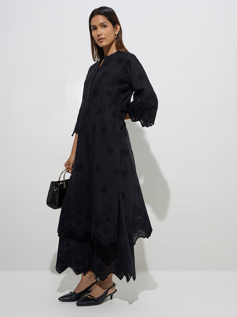 Zuba Black Floral Embroidered Cotton Palazzos