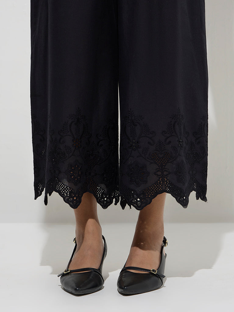 Zuba Black Floral Embroidered Cotton Palazzos