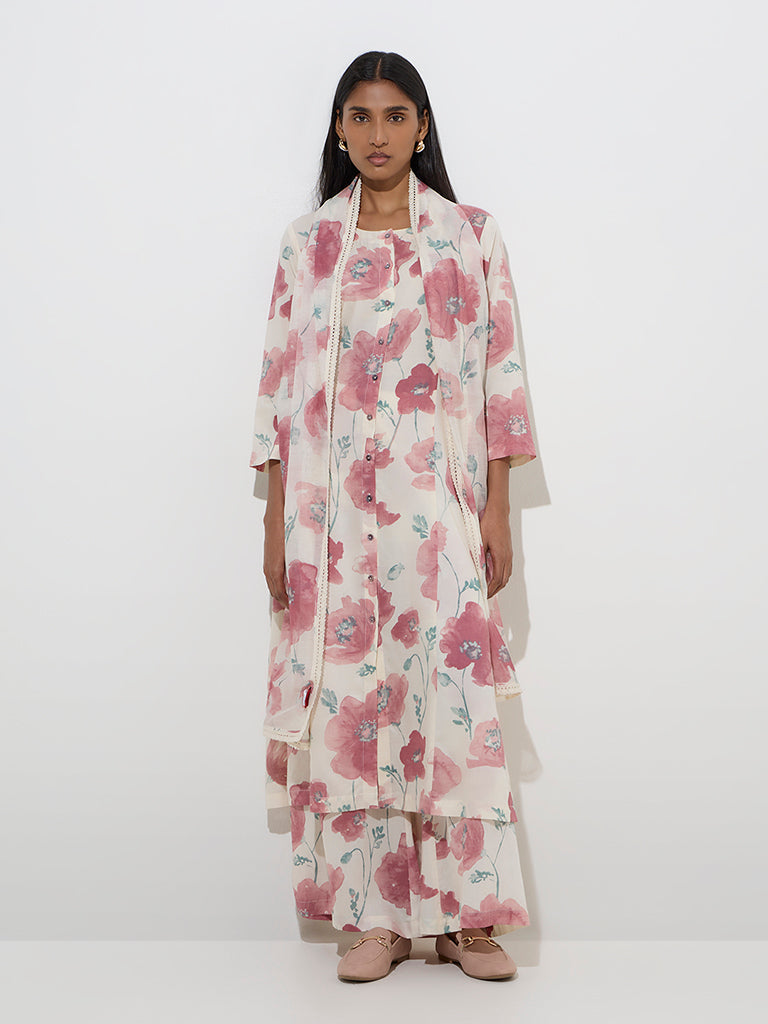 Zuba Dusty Pink Floral Design A-Line Cotton-Blend Kurta