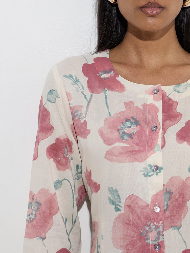 Zuba Dusty Pink Floral Design A-Line Cotton-Blend Kurta