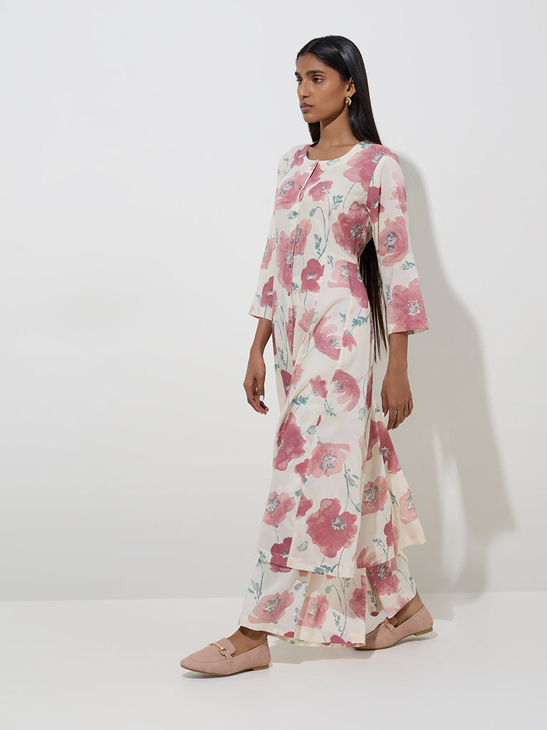 Zuba Dusty Pink Floral Design A-Line Cotton-Blend Kurta