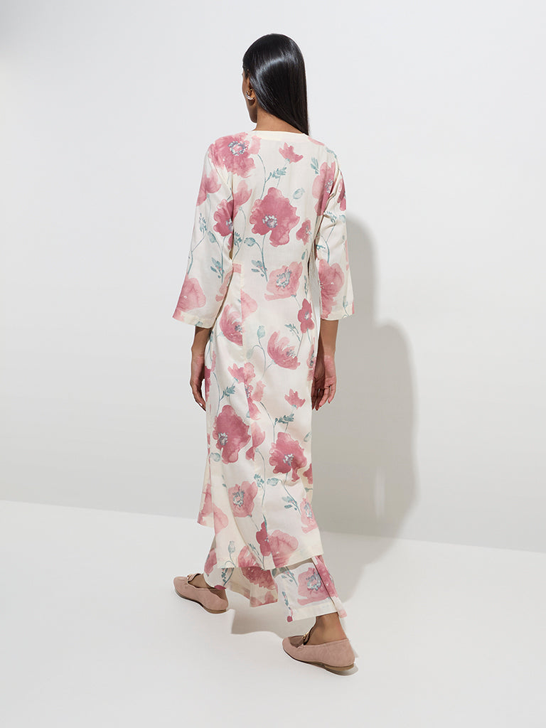 Zuba Dusty Pink Floral Design A-Line Cotton-Blend Kurta