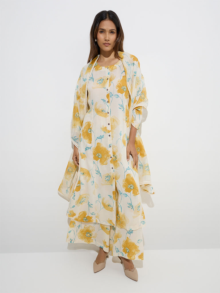 Zuba Yellow Floral Patterned A-Line Kurta