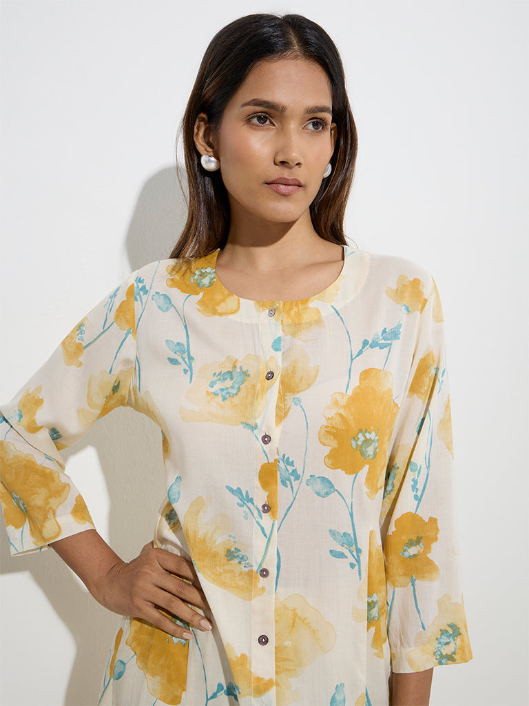 Zuba Yellow Floral Patterned A-Line Kurta