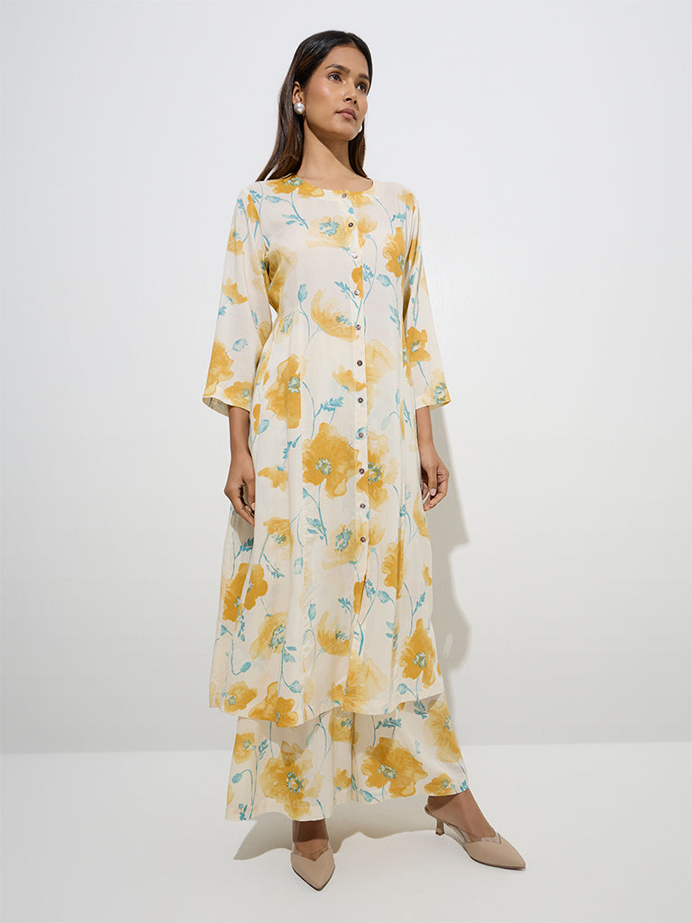 Zuba Yellow Floral Patterned A-Line Kurta