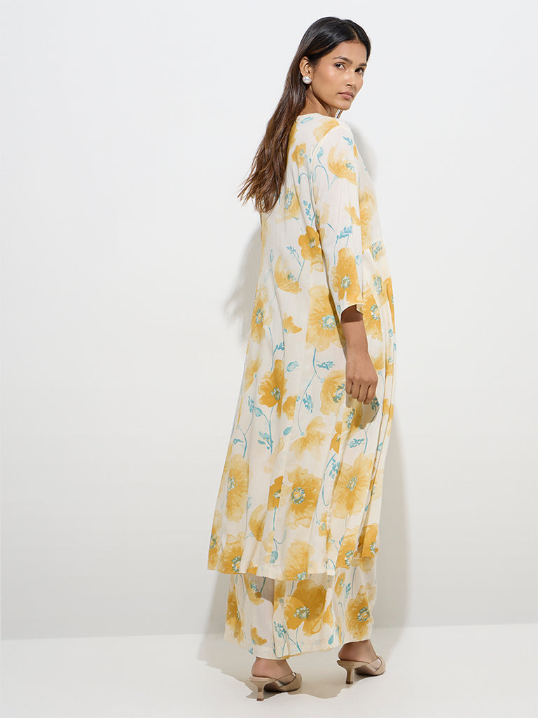 Zuba Yellow Floral Patterned A-Line Kurta