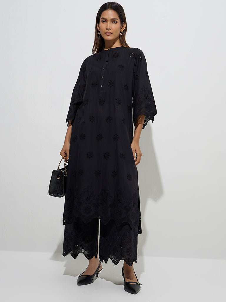 Zuba Black Cut Work Detailed Linen-Blend A-Line Kurta