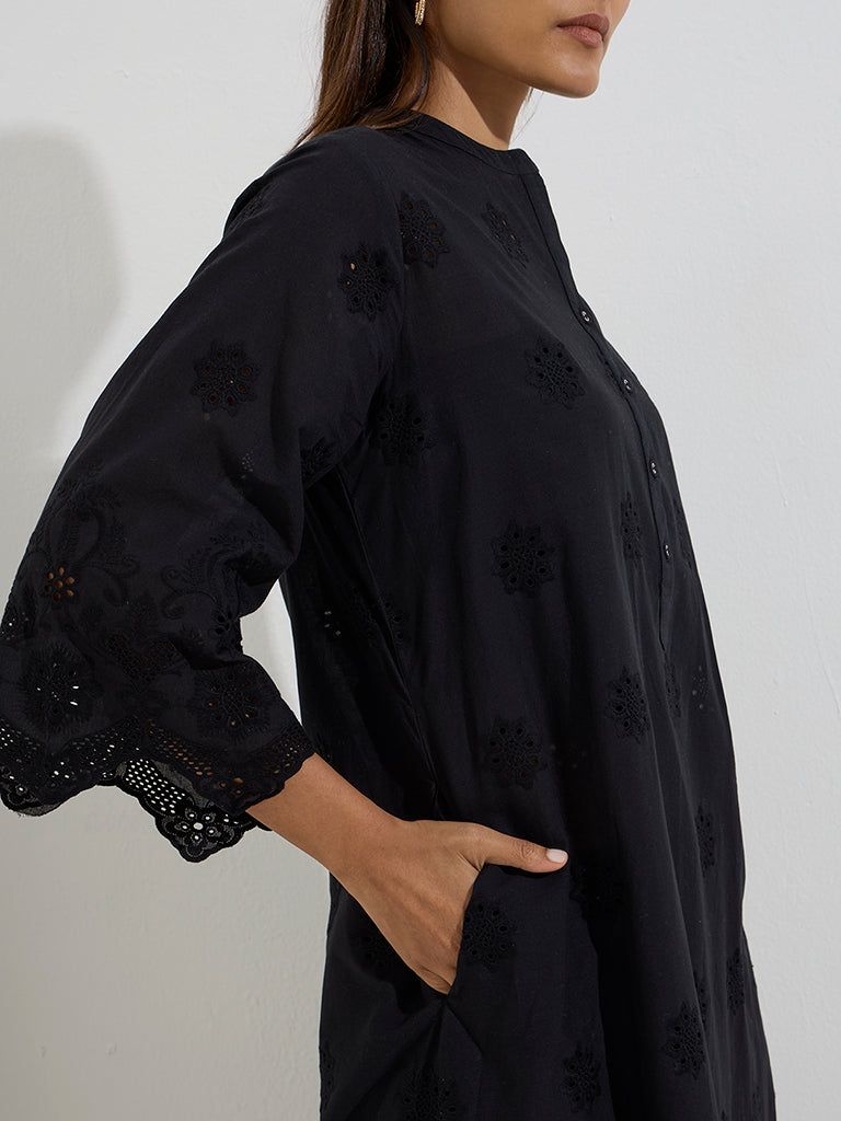 Zuba Black Cut Work Detailed Linen-Blend A-Line Kurta