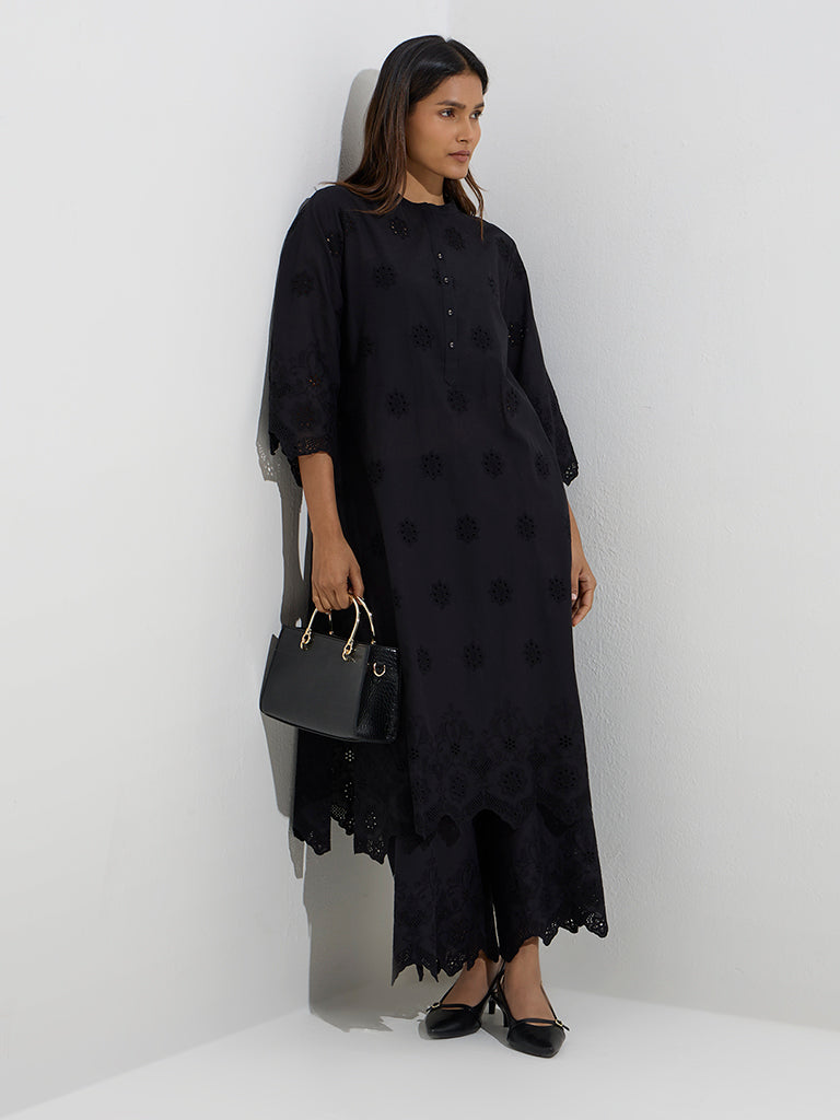Zuba Black Cut Work Detailed Linen-Blend A-Line Kurta